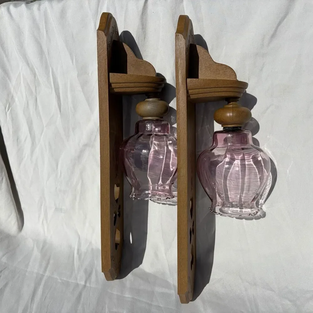Vtg Set of 2 Burwood Faux Wood Wall Mount Candle Holders/Sconces W/ ❤️ Cut Outs.